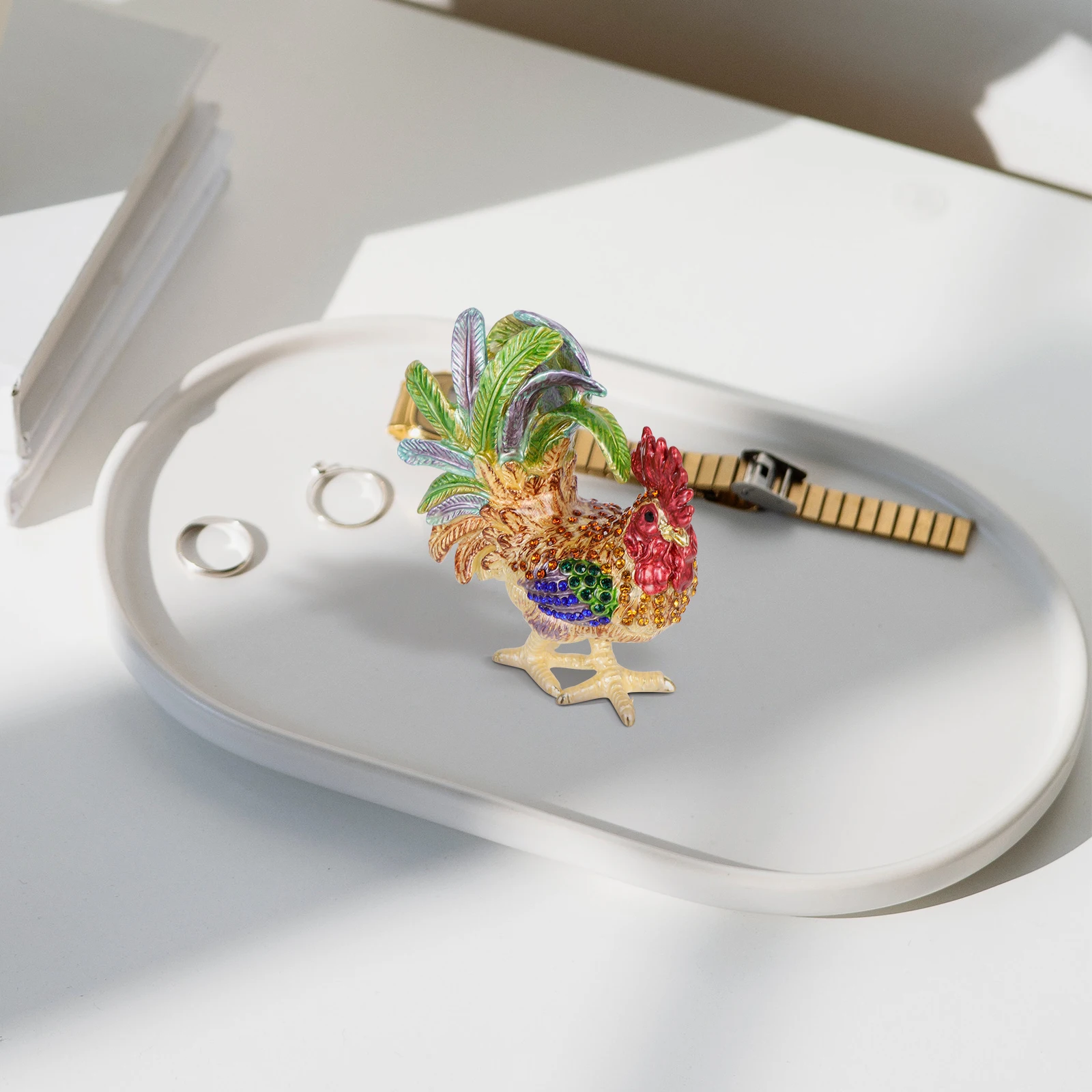 

Rooster Shaped Jewelry Box Alloy Figurine Vintage Decor Storage Container For Rings Earrings Necklaces Travel Office