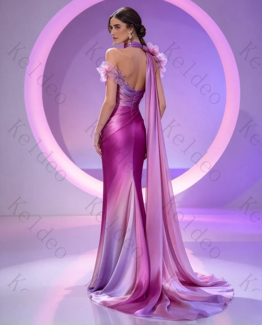 Customized Women Gradient Pink Purple Mermaid Evening Dress One Shoulder Flower Draped Satin Long Flowing Cape High Slit Formal