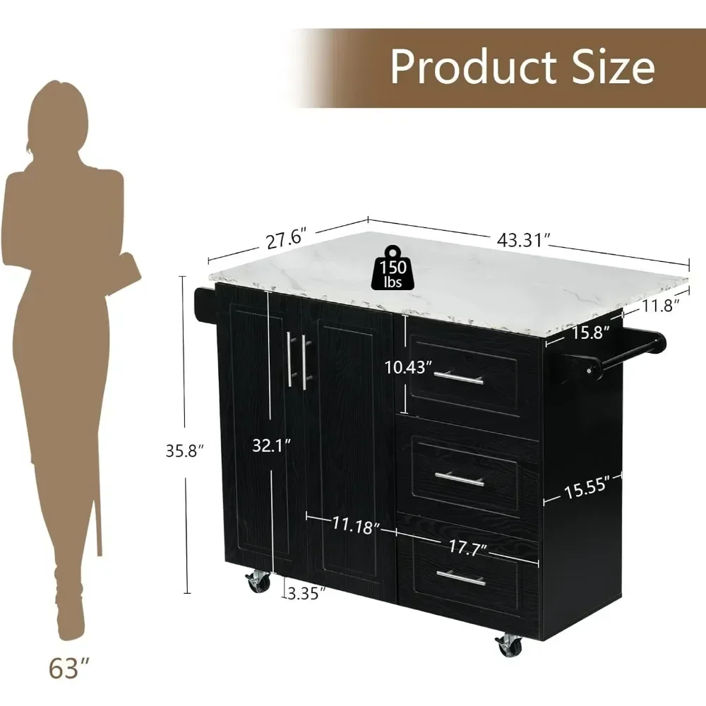 عربة جزيرة المطبخ المتينة مع أوراق متدلية و3 أدراج، جزيرة مطبخ مقاس 43 بوصة على عجلات مع خزانة تخزين، رف توابل
