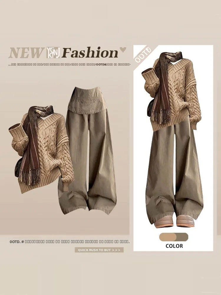 

Women's Winter Knitted Sweater And Wide Leg Casual Pants V-Ne Loose Fit Faion Set Coffee Color Series Slimming Effect
