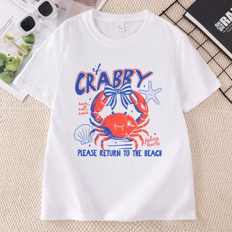 If Crabby Please Return To The Beach T-Shirt Summer Coastal Funny Beach Tee Men Women Casual Round Neck Beach Lover Tees