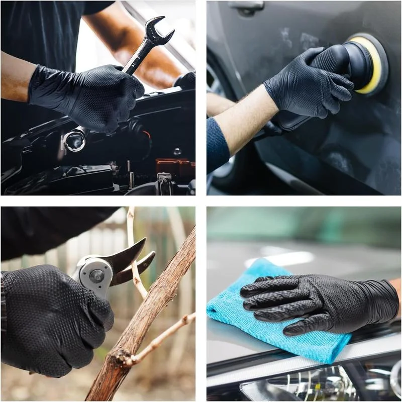 8Mil Heavy Duty Black Industrial Nitrile Gloves Disposable Safety Work Gloves Raised Diamond Textured Grip Mechanic Auto Gloves