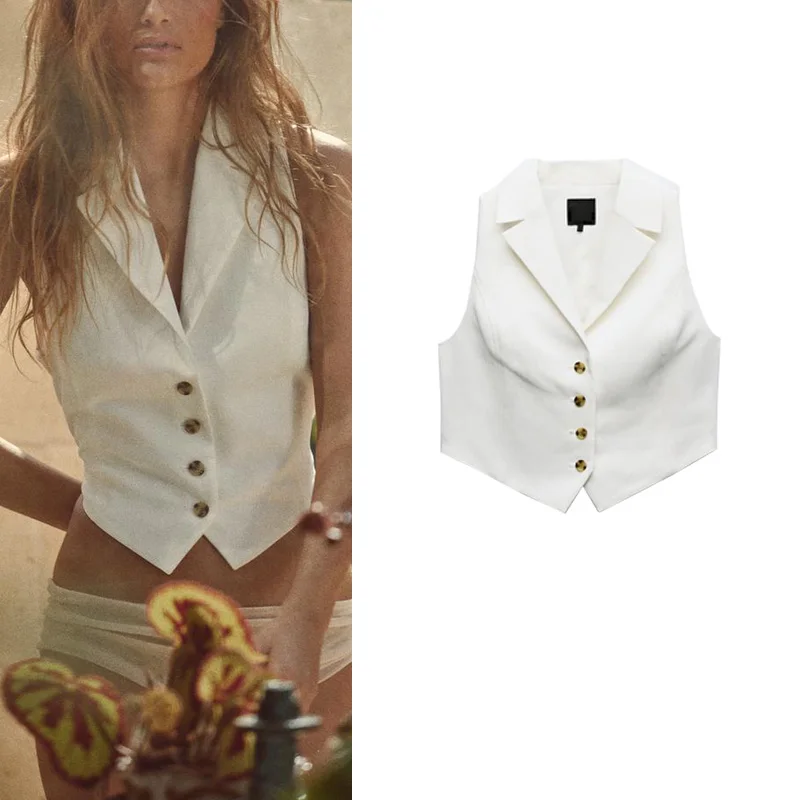 

New Casual V-Ne Svel Slimming Linen Blend Hollow out Trimmed Tank Top for Commuting Summer 2024 Polyester Material