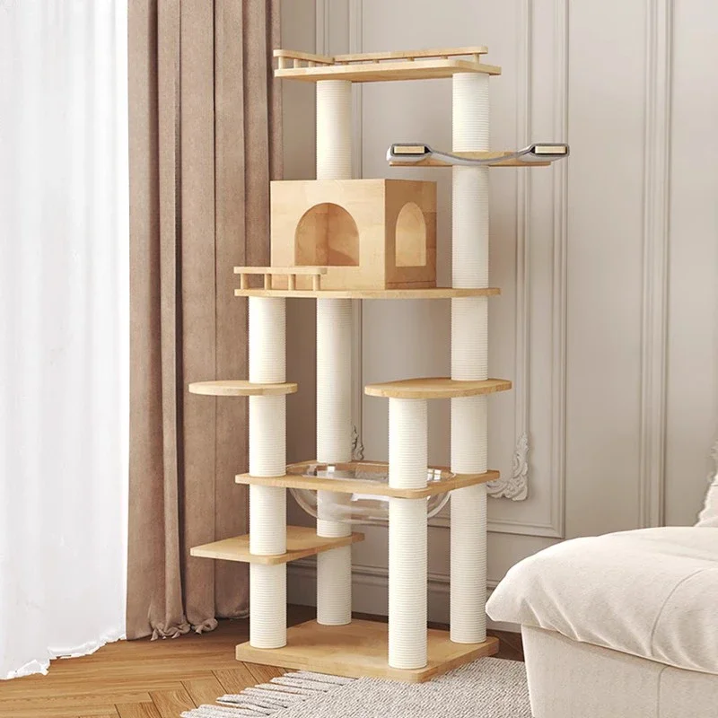 Árbol rascador nórdico de madera maciza para gatos, con columpio, casitas y zona de juegos, productos para mascotas FYCT