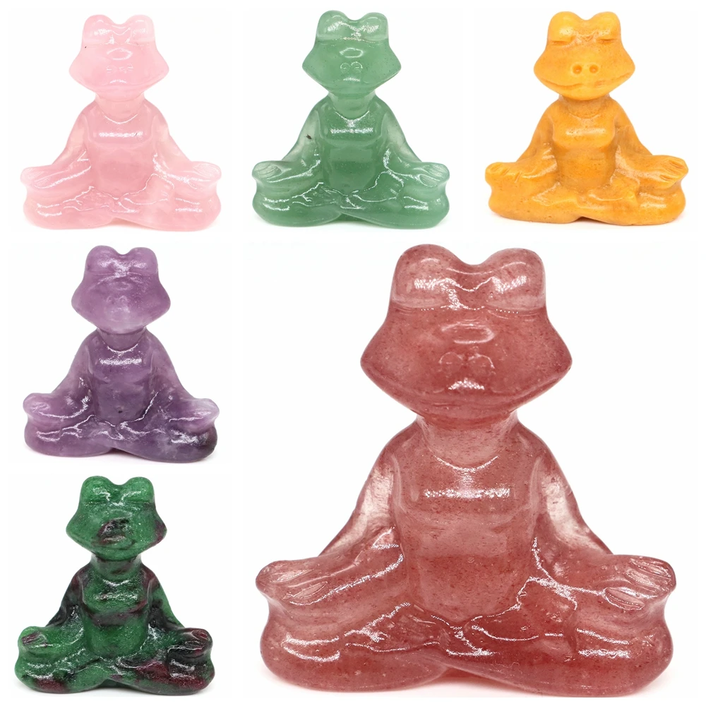 

1.5" Natural Stones Yoga Master Frog Statue Reiki Healing Crystals Rose Quartz Agate Animal Figurine Ornament Home Decor Gift