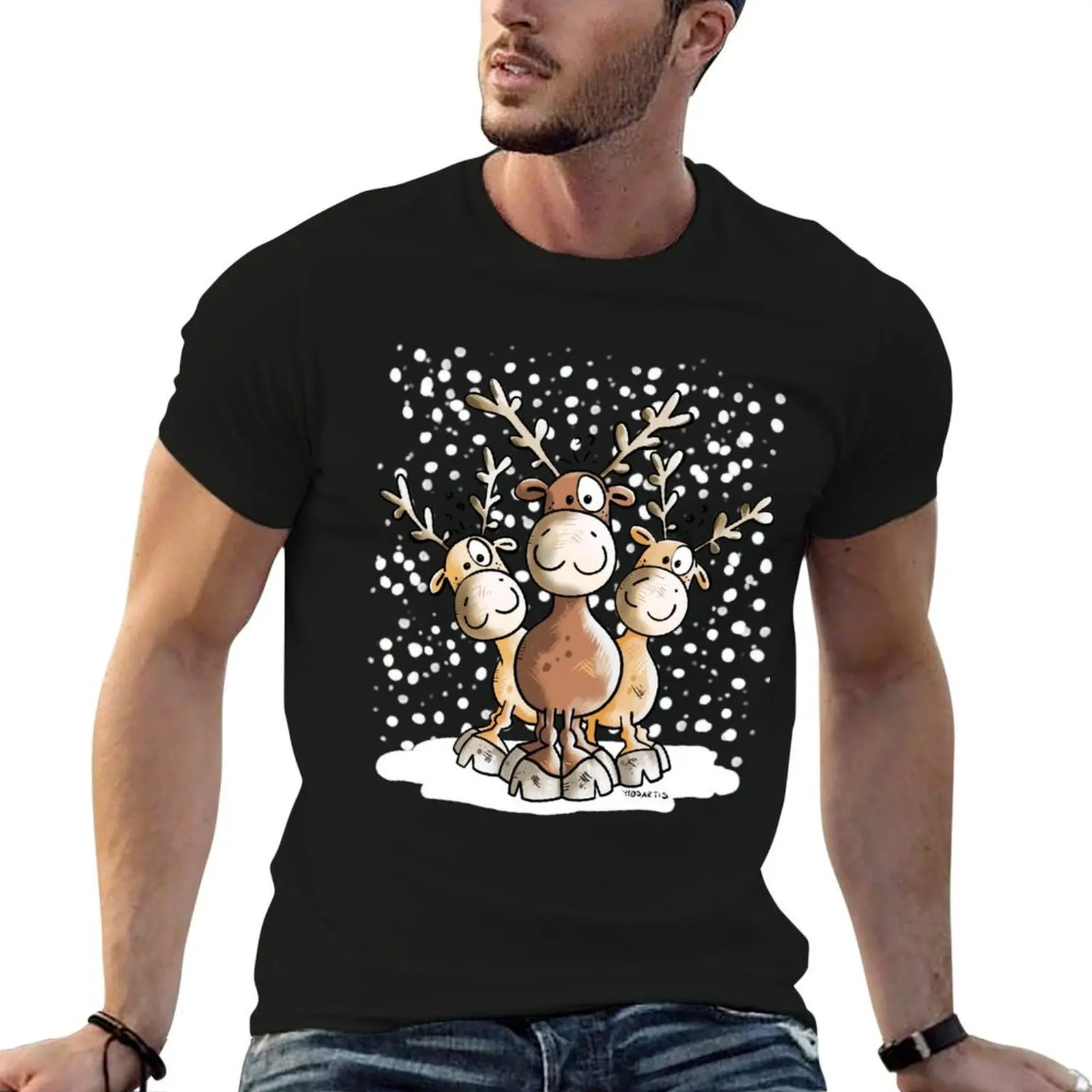 Three Cute Reindeers In The Snow T-Shirt Gym Exercise Short Sleeve T-Shirt