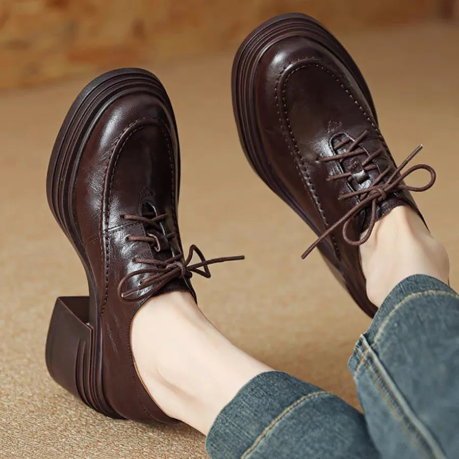 Spring and Autumn of 2025 There Are Comfortable British Lace-up Leather Single Shoes with Thick Soles for Women