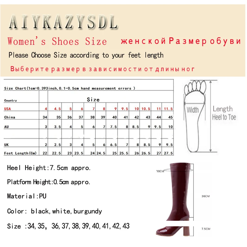 AIYKAZYSDL 2024 Autumn Winter Knee High Patent Leather Boots Glossy Vinyl Booties Ridding Knight Boots Block Heel Women Burgundy