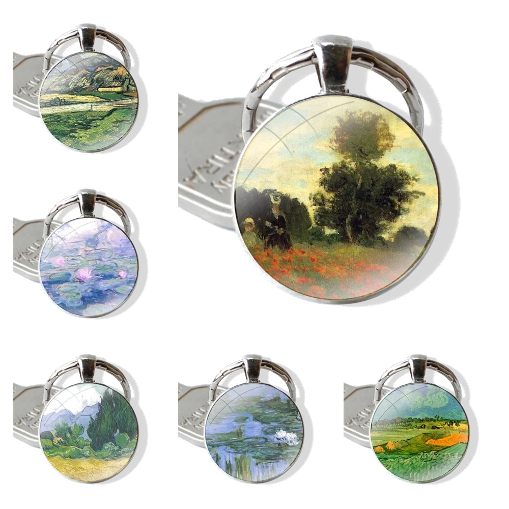 Claude Monet painting Keychain Handmade Glass Cabochon Key Ring Holder Pendant Key Chains