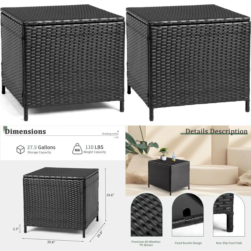 

Black Square Wicker Outdoor Deck Storage Box with Lid, Patio Side Table for Yard and Porch