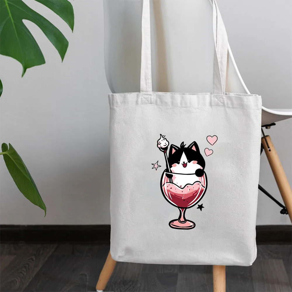 

Cute Doodle Kitten Print Canvas Tote Bag - Black & White Choice, Large Capacity Reusable Shopping Bag & Hand Carry All