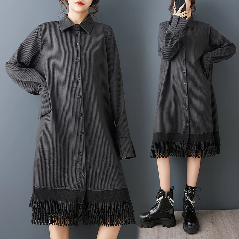 

Spring Fashion Loose Design Sense Crafted Lace Splice Versatile Mid-Length Dress Cotton Blend Long Sleeve Button up Shirt Dress