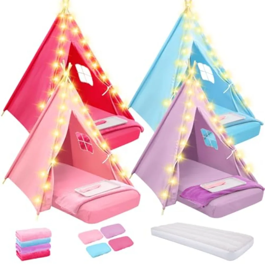 

4 Pack Teepee Tent for Slumber Party with Mattress and Lights Sleepover Tents for Girls Boys Indoor Outdoor Cotton Teepee with