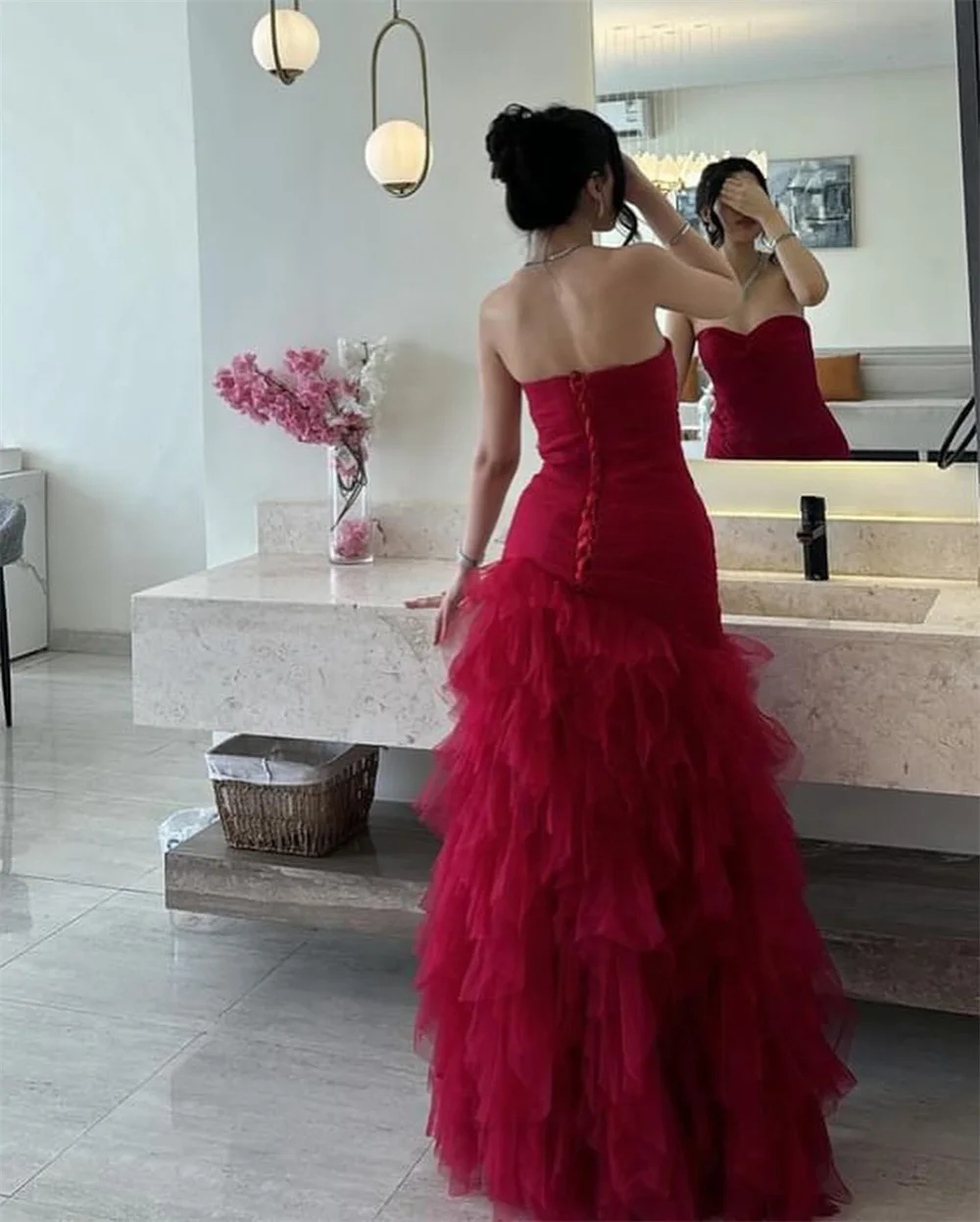 Customized Dress Dearin Strapless A-line Floor Length Open Back Skirts Tulle Layered Sleeveless Flouncing Bespoke