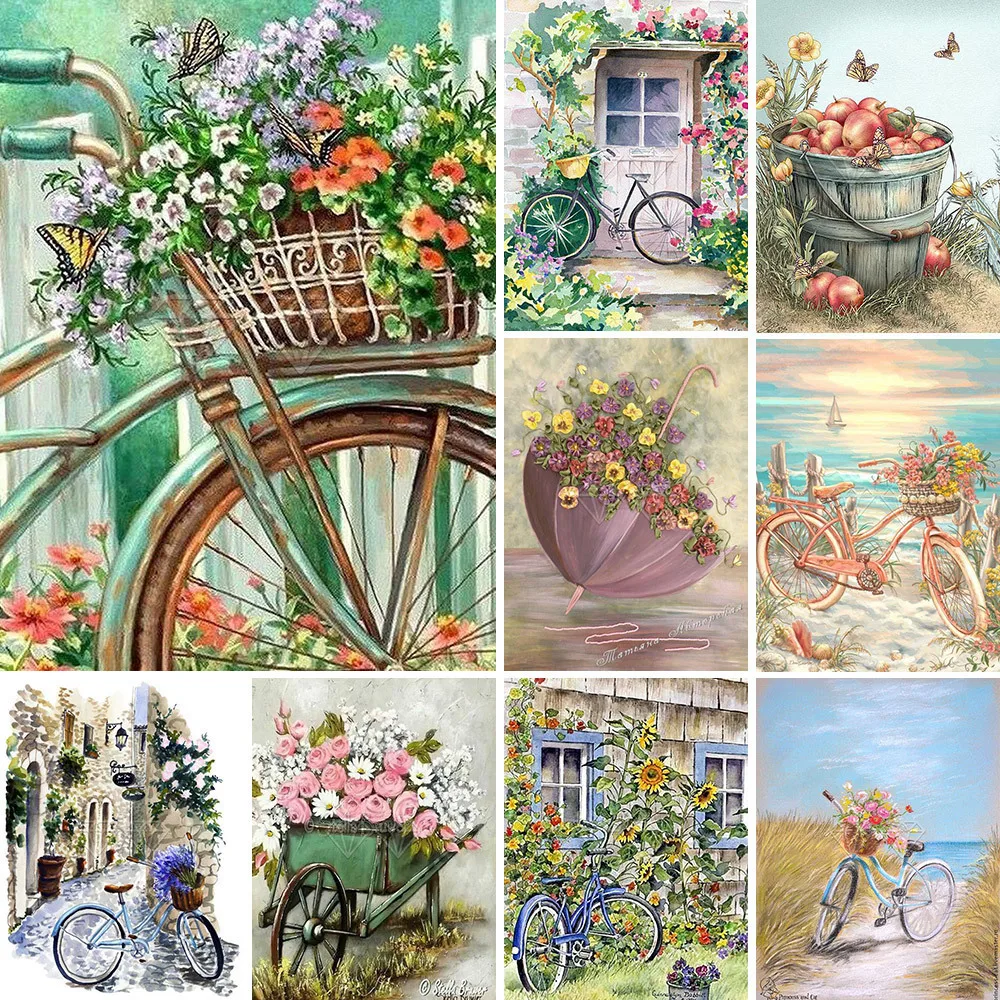 Scenery Bike Printed Fabric 11CT Cross-Stitch DIY Embroidery Kit Needlework Craft Handicraft Handmade Floss Wholesale Stamped