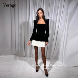 Verngo Black White Velour Short Evening Party Dresses Long Sleeves Square Neck Arabic Formal Night Cocktail Dress Customized