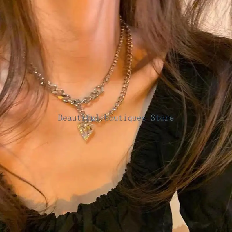U4LF Minimalist Glass Heart Pendant Necklace Steel Clavicle Chain For Women Everyday Casual Stylish Jewelry