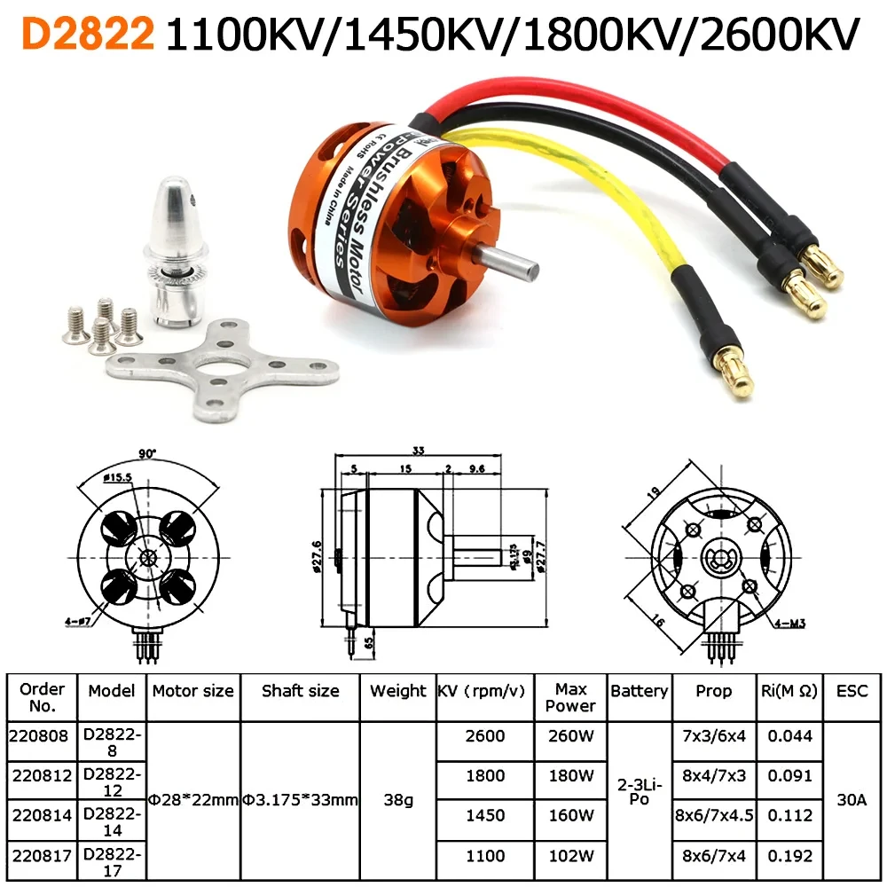 D2822 Brushless Motor 1100KV 1450KV 1800KV 2600KV 2-3S For RC Aircraft Plane Multi-copter Brushless Outrunner Motor