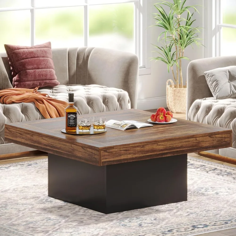 Coffee Table Square LED Coffee Table Engineered Wood Low Coffee Tables for Living Room Rustic Brown & Black Café Tables
