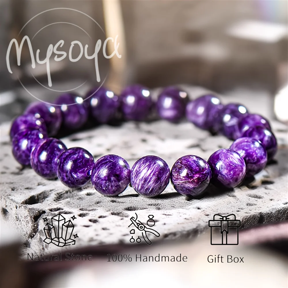 

Высококачественный браслет MYSOYA из натурального чароита, браслет из девяти бусин цвета фиолетового огня с подарочной коробкой, подарок на день рождения