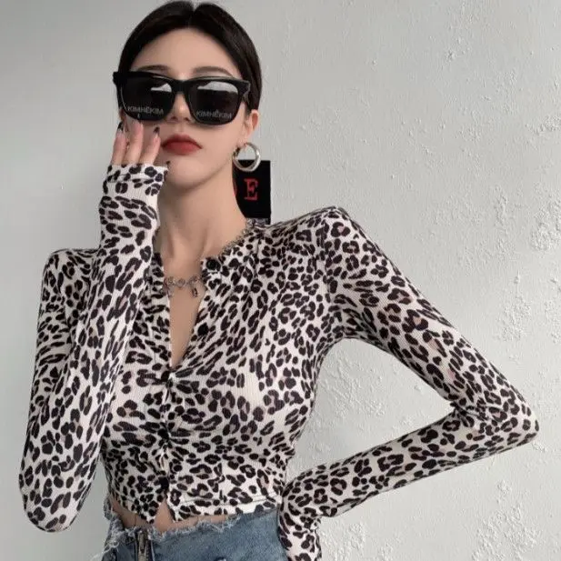 Sexy American Girl Leopard Print Asymmetrical Long Sleeve T-Shirt Shoulder off Basque Slimming Top Women's Fashion Outerwear