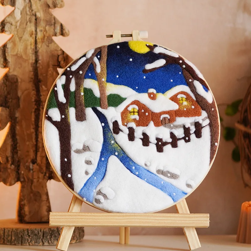 RUOPOTY Christmas Gift Diy Wool Felt Painting Kits With Embroidery Frame Snow House 20x20cm Needle Felting Painting For Home Art