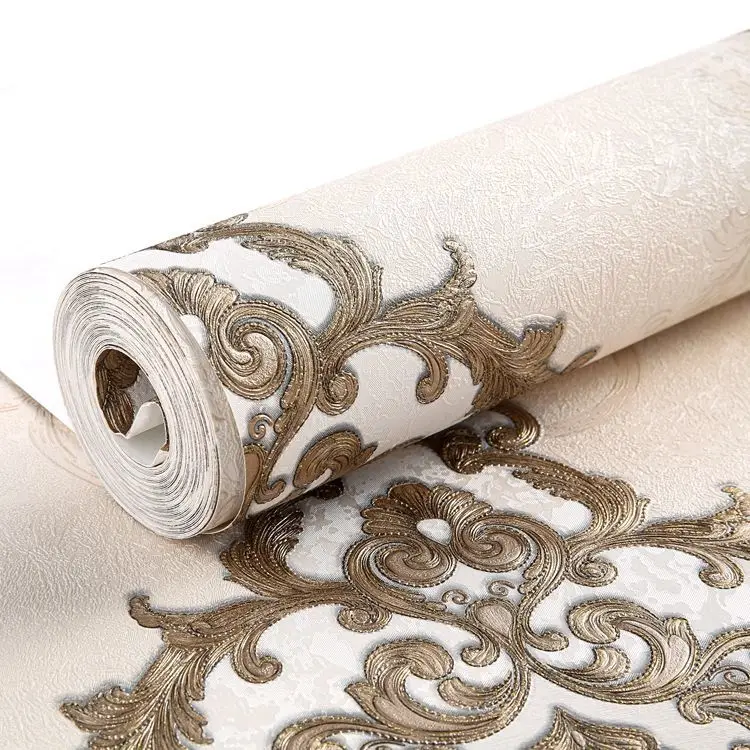 European Style 3D Damask Pearl Powder Non-Woven Wallpaper Roll  Bedroom Living Room Tv Background Wallpaper Beige 0.53m*10m=5.3㎡