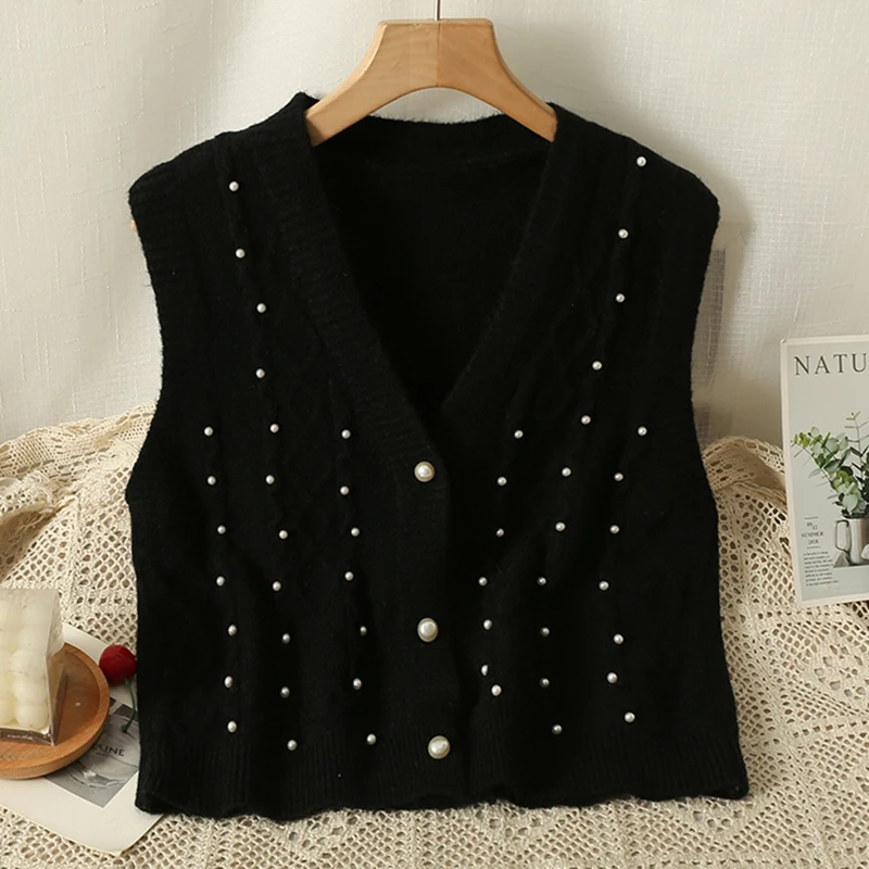 HELIAR Women V-Neck Cardigan Knitted Vest Sleeveless Buttons Up Beading Pearls Solid Waistcoat Casual Sweater Vest Fall Winter