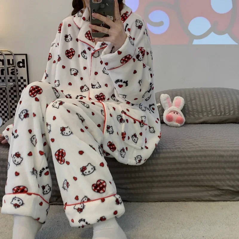 Hello Kitty Winter Coral Fleece Pajamas Warm Thickened Flannel Lapel Long Sleeve Two-piece Set Women\'s Pajamas Sanrio Loungewear