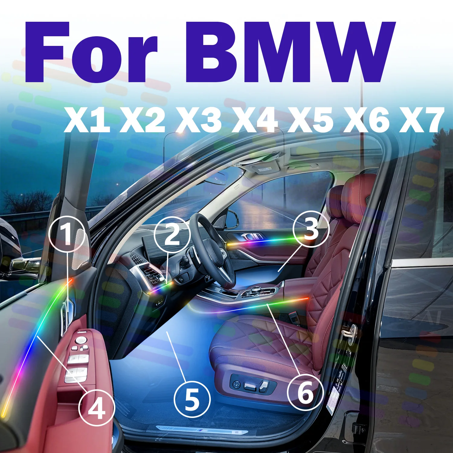 

High Combo для bmw x1 x2 X3 X4 X5 X6 X7 Автомобильные акриловые светодиодные лампы окружающего света Красочные атмосферные фонари Автоматическое внутреннее приложение 64S RGB Light