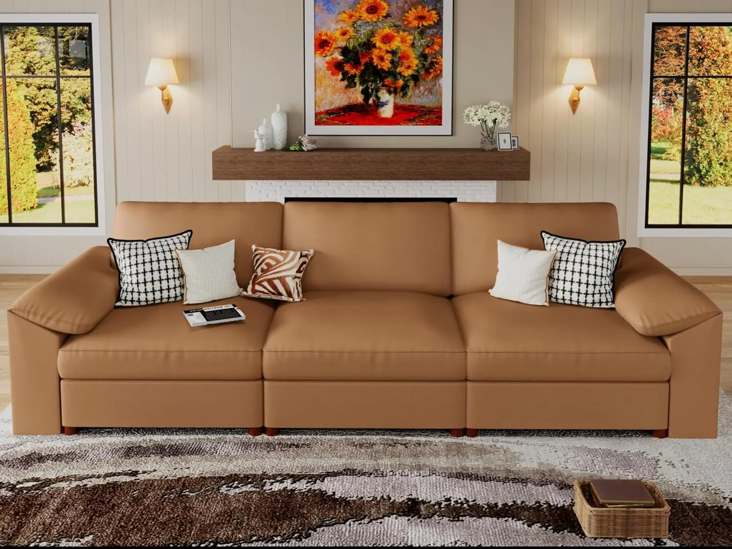 

Deep Seat Sectional Couch, Scratch Resistant Faux Leather Material, 3-Seat Oversized Modular Sofa for Living, Customized