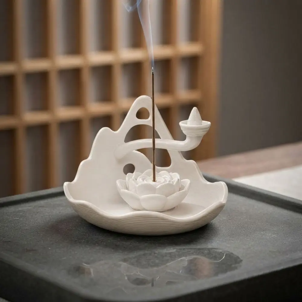 3D Printed 3 In 1 Incense Holder Mountain Lotus Design Plastic Backflow Incense Burner Hollow Out Decorative