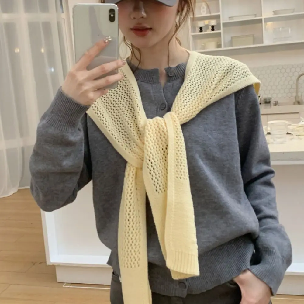 Elegant Blouse Shoulders Fake Collar Hollow Knitted Shawl Solid Color Weave Knit Scarf Cloak Cape Wool Scarves Women