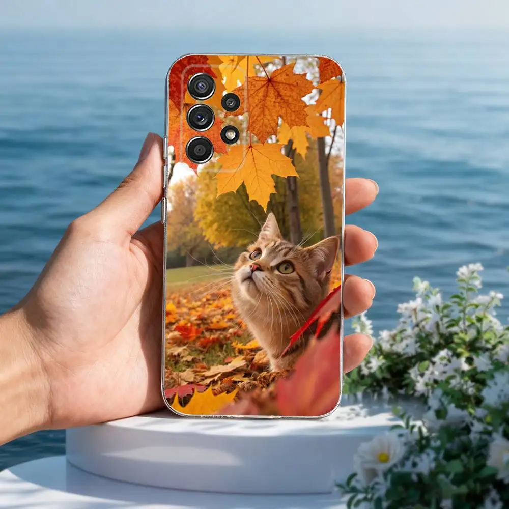 كسول القط في الخريف يترك الهاتف لسامسونج A30,71,51,S20,10,9,Ultra,FE,Lite, S21,23,22,PIus,شفاف,حافظة سيليكون