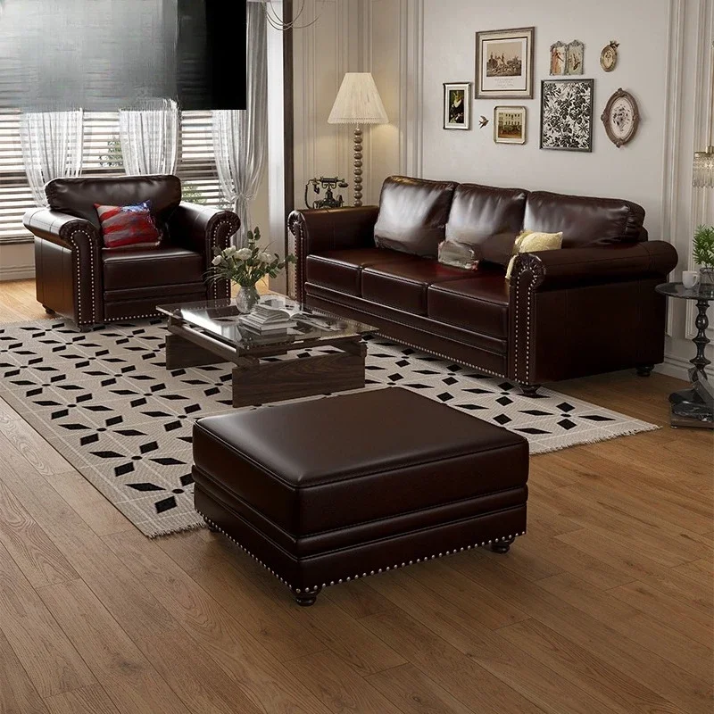 American sofa leather, three-person small apartment living room furniture first layer cowhide