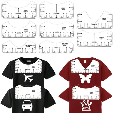 8Pcs T-Shirt Ruler Guide Center Designs Set for Clothing Front Back V-Neck DIY Template Alignment Tools