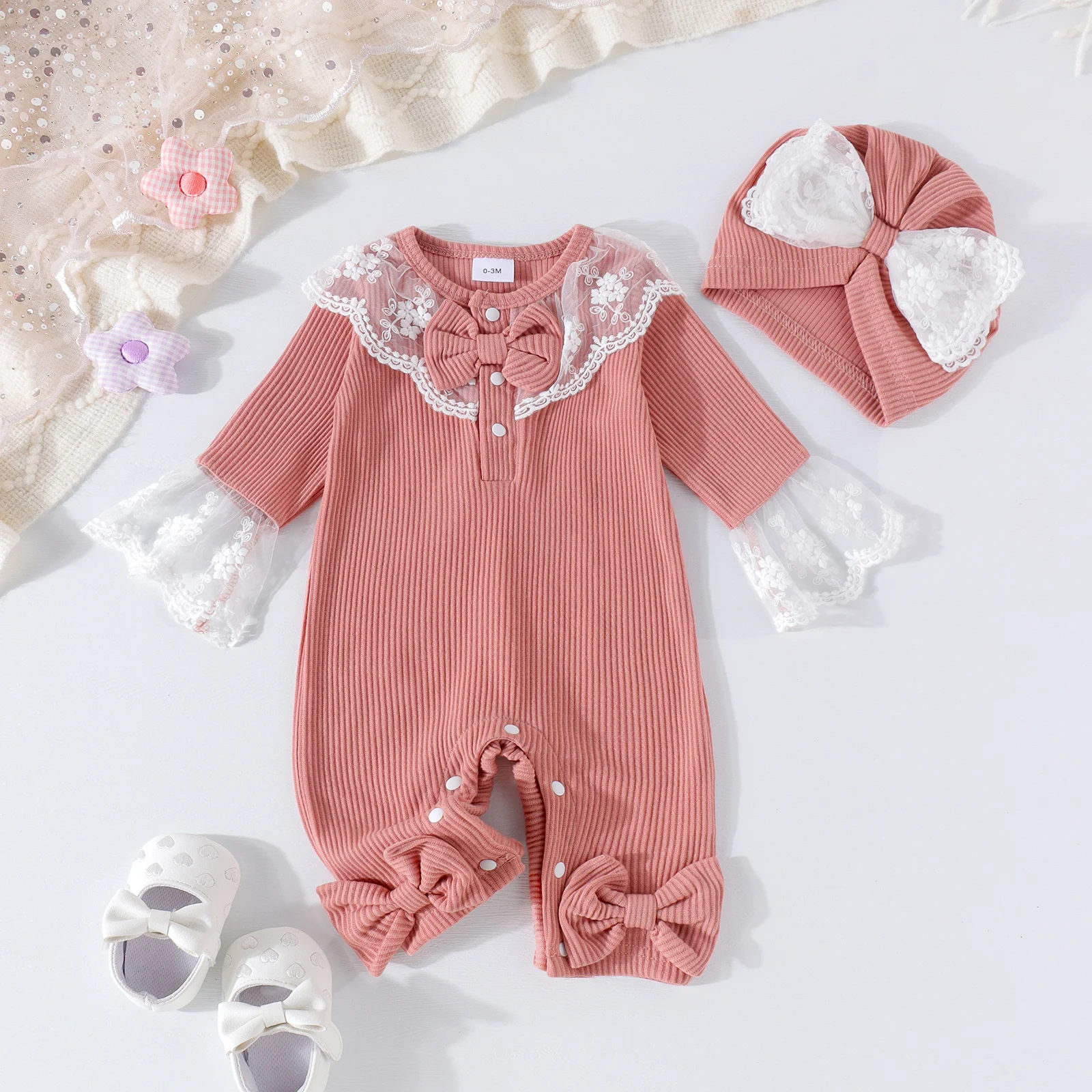 2PCS Autumn New Style 0-1 Year Old Girl Baby Sweet And Cute Multi-Color Lace Collar Long-Sleeved Jumpsuit + Bow Hat