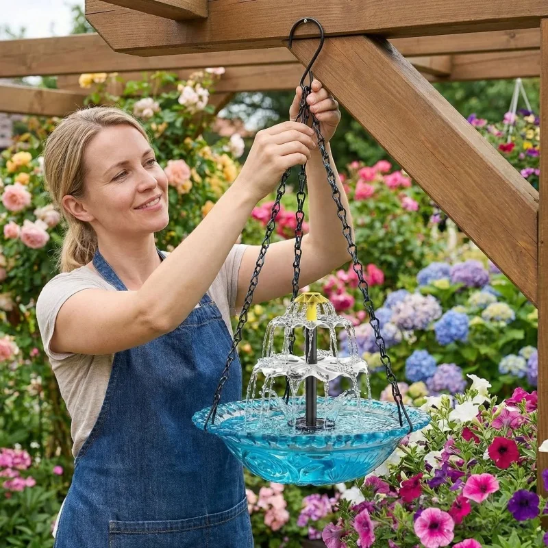 Solar Cascade Hanging Bird Bath Fountain Outdoor Waterfall Fountain Pump Hummingbird Feeder Pendant Balcony Garden Decoration