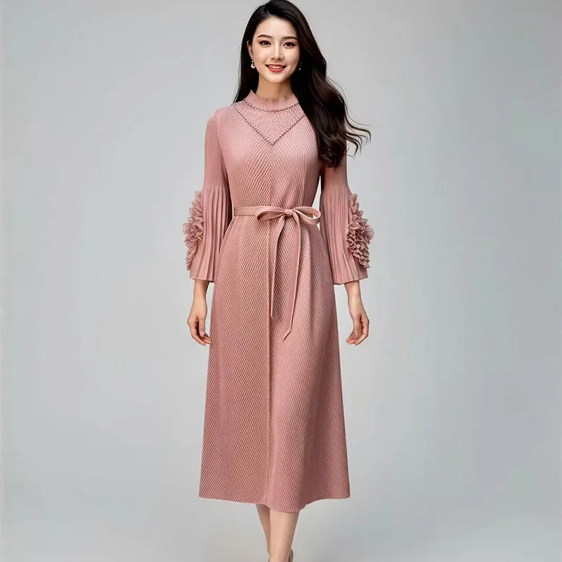 

Miyake Pleated 2026 Spring New Advanced Sense of Dress Fashion Temperament Casual Long Dress Pleated Solid Color Tie Dresses