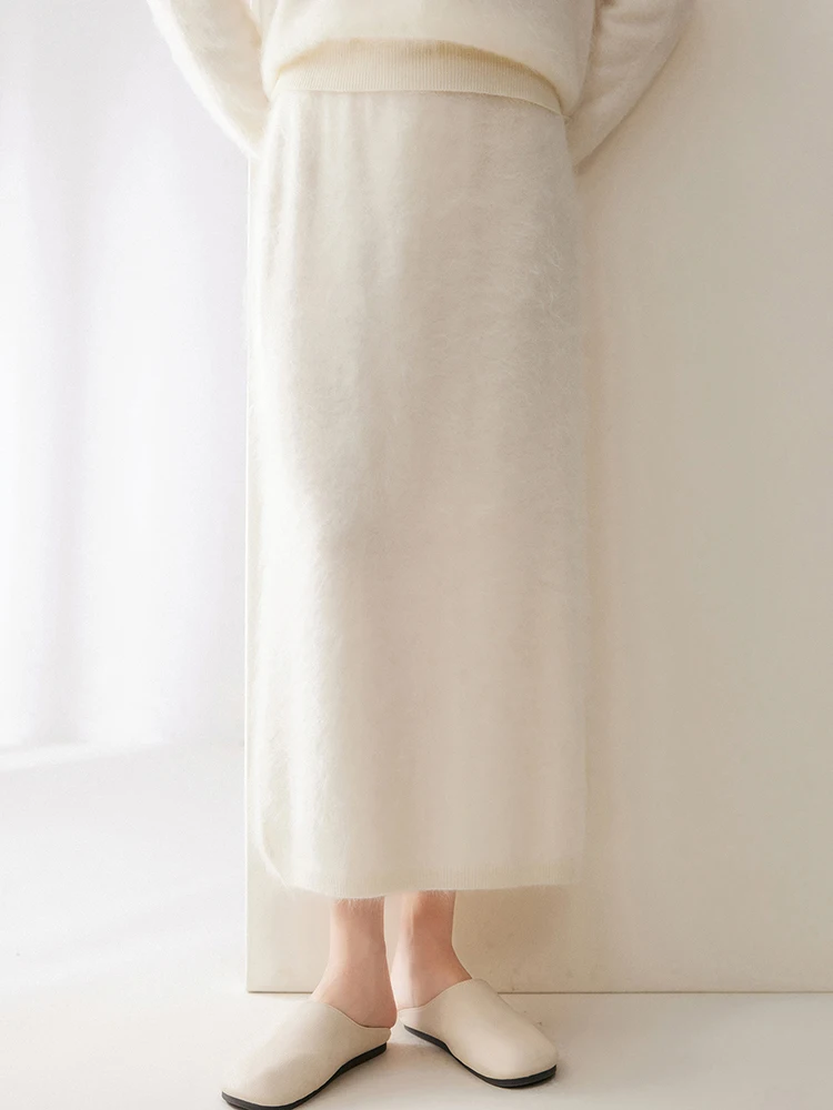 Long-hair Brushed 100% Pure Cashmere Knitted Mid-calf Skirt Autumn Winter Women's High Waisted Versatile Slimming Straight Skirt