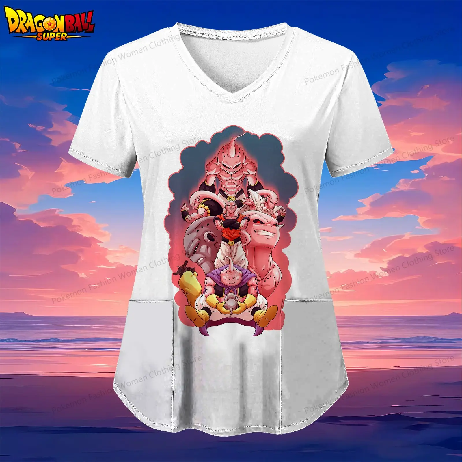 Kakarotto Pocket Dragon Ball Women's V Neck Nurse Uniform T-Shirt Short Sleeve Tee Y2k S-2XL Street Wear Kawaii Summer 2024 Top