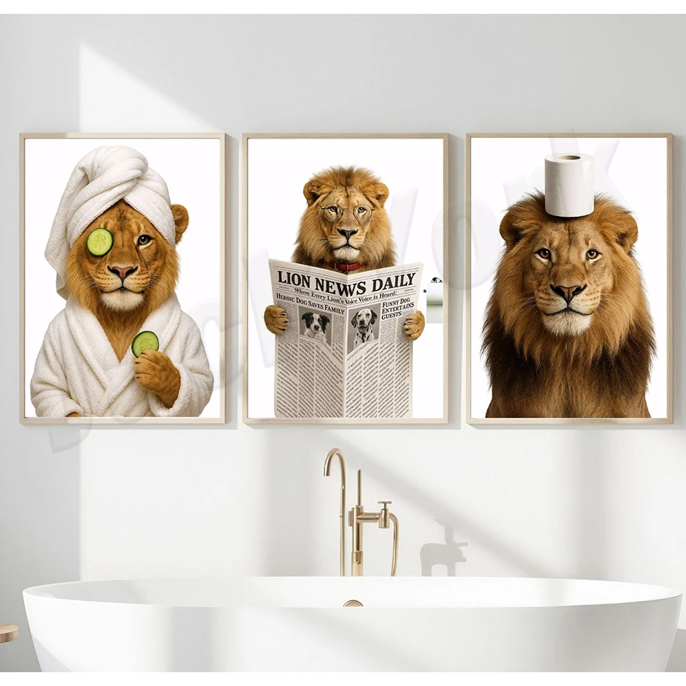 Animals using the toilet: lions, mantises, monkeys, crocodiles, and ostriches wearing bathrobes; bathroom decoration posters.