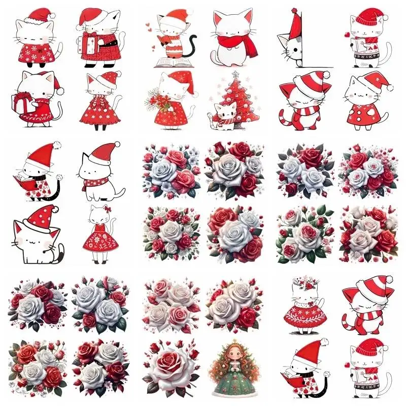 

14CMset Flowers Christmas Cat Iron Transfer Sticker Diy A-Level Washable Heat Press Printed Accessories children Clothing Patch