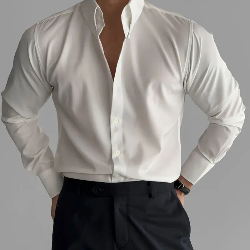 

Весенне-осенняя модная однотонная корейская мужская одежда с отложным воротником и длинными рукавами на пуговицах, корейские свободные универсальные трендовые рубашки JJ735