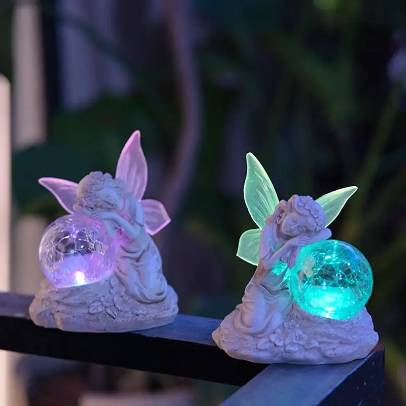 Solar Garden Fairy Waterproof Resin Fairy Garden Sculptures With Glass Ball Whimsical Garden Decor Solar Garden Statues For Yard