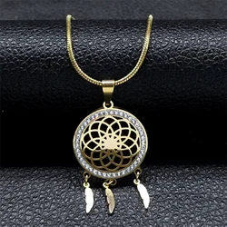 Sacred Geometry Flower Seed of Life Dream Catcher Necklace for Women Stainless Steel Feather Tassels Chain Jewelry N8230S01