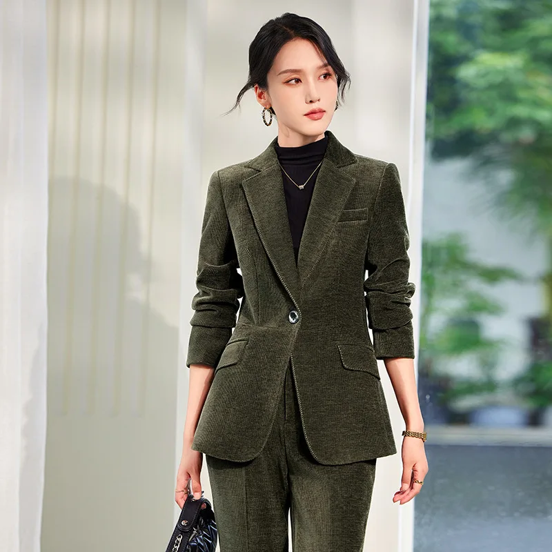 2024 Autumn New Corduroy Elegant Pant Suit Ladies Formal Business Work Wear 2 Piece Set Green Wine Jacket Blazer And Trouser