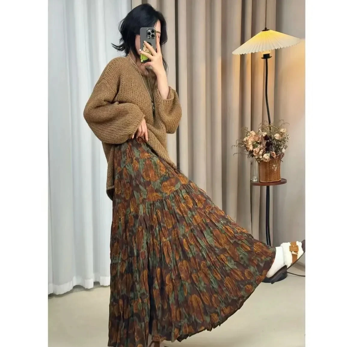 

Retro Pleated Floral Skirt Autumn/Winter 2025 Fashion Printed Temperament High Waisted A-Line Long Skirt Oversized W1494
