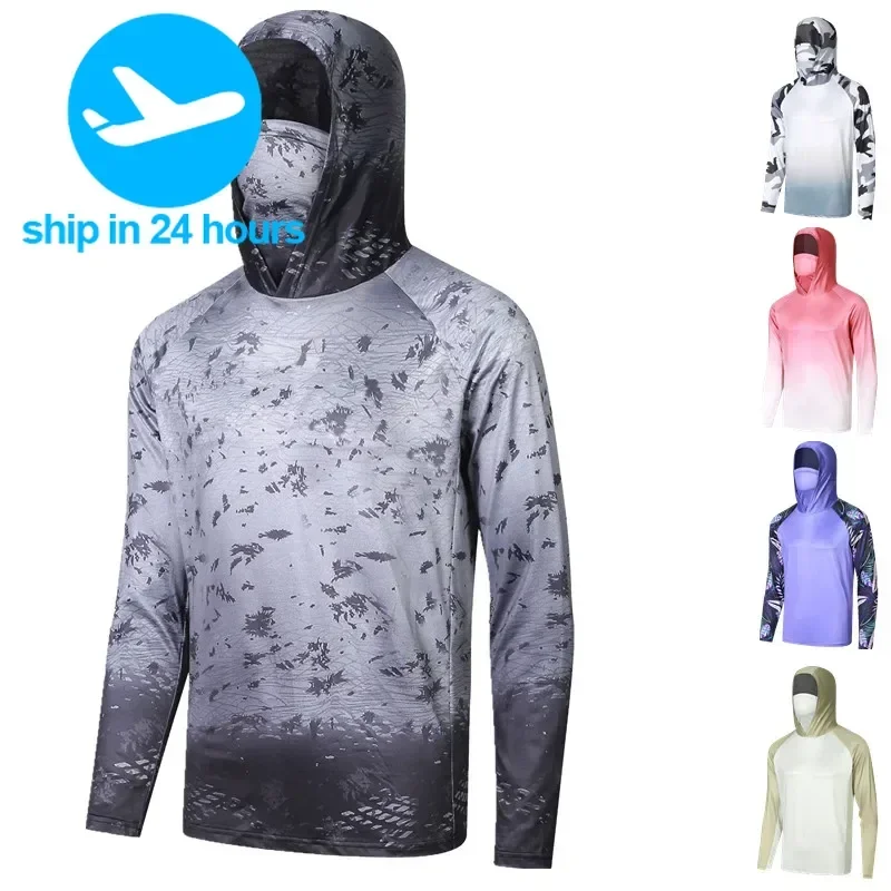 Hooded Fishing Shirts With Mask UV Neck Gaiter Clothing Men Breathable Moisture Wicking Fishing Jersey Tops