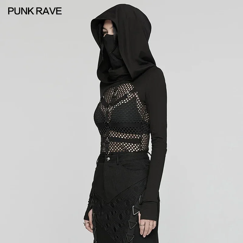 PUNK RAVE Women's Punk Mystery Hooded T-shirt Mask-style High Collar Sexy Mesh Body Personality Handsome Cool Dark Tees